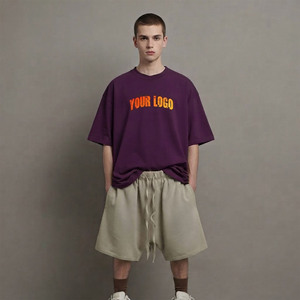 Men's Purple Cotton <b>T</b>-<b>Shirt</b> With Orange Logo Front Print Casual Summer Crew Neck Oversized Fit Short Sleeve Top - Product Image 1