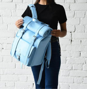 Personalized Blue Leather Roll Top <b>Backpack</b> Full Grain Travel <b>Laptop</b> Rucksack LRTB-0060 - Product Image 2