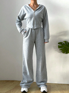 Vente en gros Automne 100% Coton Sweat à capuche à fermeture éclair et cordon de serrage Ensemble de survêtement surdimensionné Deux pièces Jogging Ensemble de fitness Survêtement personnalisé - Product Image 6