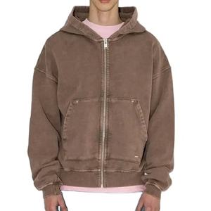 Alta calidad personalizado hombres 500Gsm peso pesado 100% algodón Vintage ácido lavado en blanco cremallera bidireccional parche de socorro Zip up sudaderas con capucha - Product Image 1