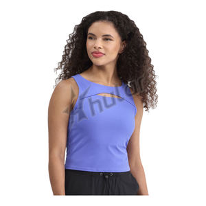 Haut court décontracté en coton bleu tricoté pour femme Design côtelé basique sans manches à col rond - Product Image 1