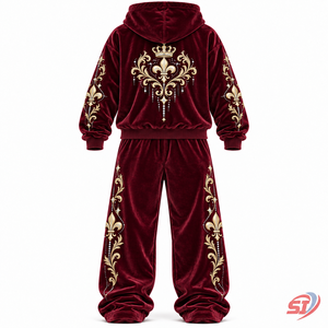 OEM Royal Wine Crest Velour <b>Velvet</b> <b>Tracksuit</b> Rhinestones Crystal 95 Cotton 5 Elastane Hoodie Pants Set Luxury Oversized Stree - Product Image 2