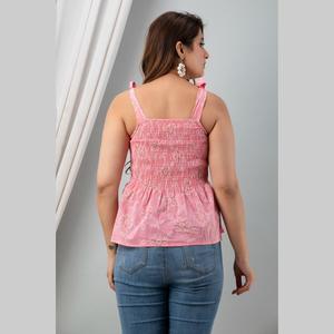 เสื้อผ้าฝ้ายป๊อปลินสีชมพูอ่อน สไตล์ลำลอง แขนกุด ดีไซน์พิมพ์ลายสม็อค - Product Image 2