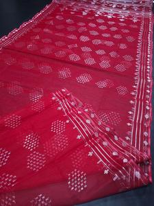 Exclusif Deshi Dhakai ROUGE Jamdani Sharee Qualité à l'exportation pour les femmes JAMDANI FABRIC Bleu ciel VERT Bleu Doré du Bangladesh - Product Image 5