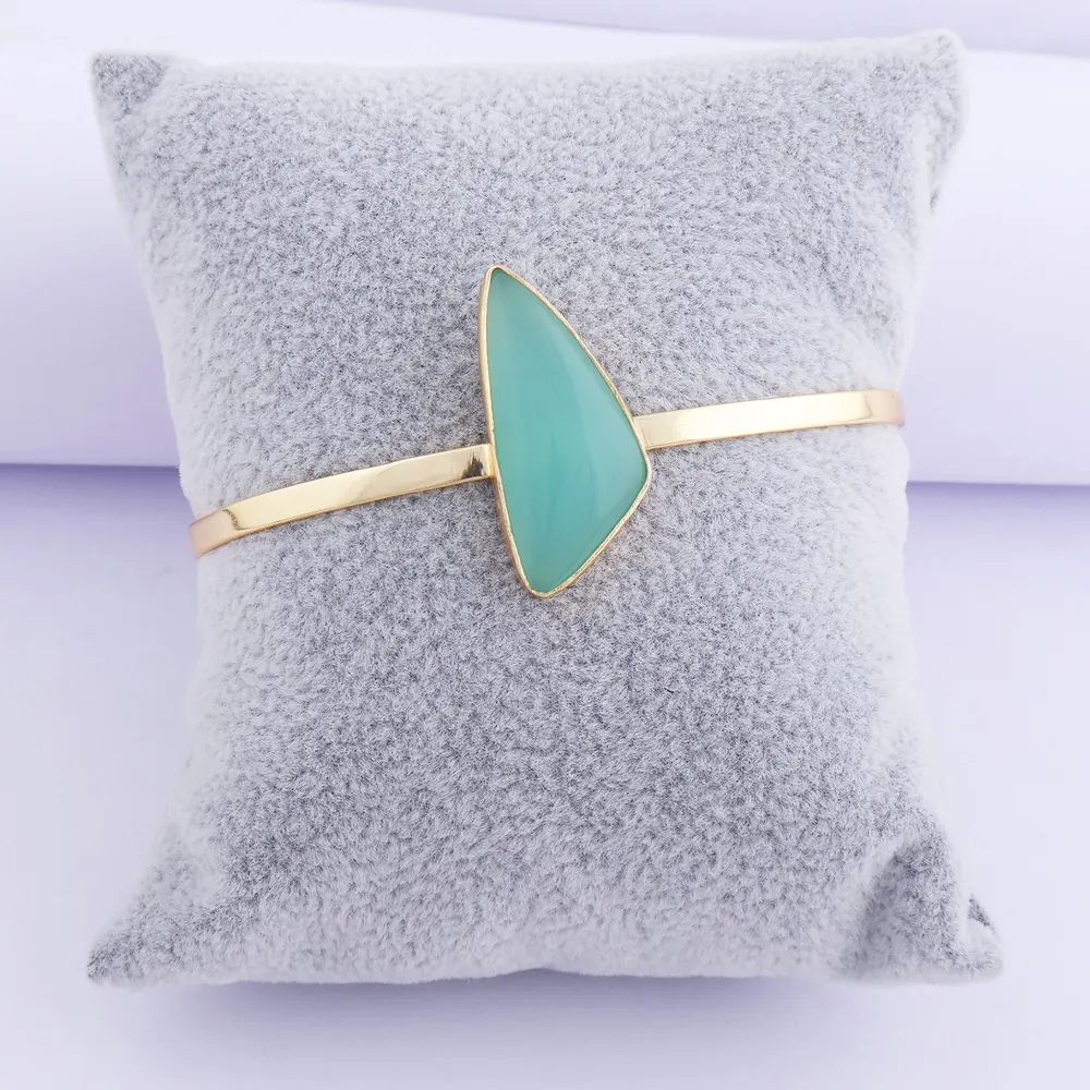 Women designer natural aqua chalcedony single stone bracelet 18k gold plated handmade collet setting adjustable bangle bracelet