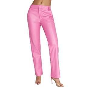 Personalizable transpirable PU pantalones de cuero para las señoras a prueba de viento apretado Pantalón estilo Legging liso Rosa media cintura plana para el invierno - Product Image 1
