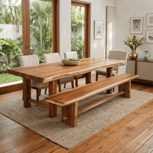 Custom Solid Teak Wood Dining <b>Table</b> Set with <b>Bench</b> <b>and</b> Upholstered <b>Chairs</b> Modern Dining Room Furniture - Product Image 1