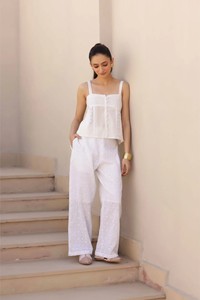 Conjunto conjunto de 2 piezas Western White Hakuba Osian para mujer, pantalón y Top bordados sin cuello con diseño de verano - Product Image 3