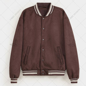 Classic Brown Varsity Style <b>Suede</b> Bomber <b>Jacket</b> with Striped Ribbed Trim and Button Closure for Men and Women Casual Outerwear - Product Image 1