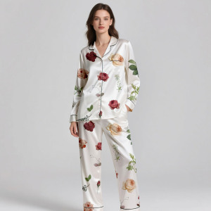 ชุดนอนผ้าไหมซาตินระบายอากาศได้ดีสำหรับผู้หญิงทุกฤดูกาลดีไซน์ดอกไม้หรูหรา - Product Image 2