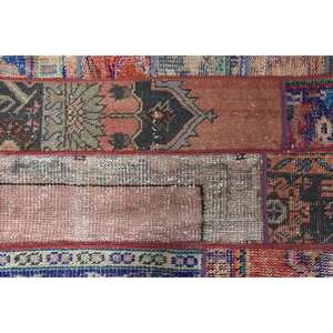 Vintage Turkish Bohemian Red Blue <b>Rug</b> 3.6 X 4.2ft <b>Large</b> Area Patchwork Design Wool with Latex Backing for Hallway or <b>Bedroom</b> - Product Image 5