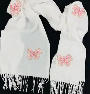 美丽印花纯丝围巾设计师抵达印度民族花卉白色刺绣作品杜帕塔女性印度围巾