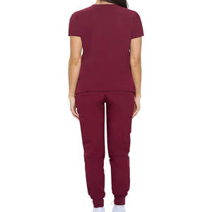 Uniforme Médico para Mujer, Manga Corta, Color Granate, Cuello Alto Simulado, Estilo Cruzado, Algodón Twill Elástico, Cuello en V, Pantalones Jogger - Product Image 3