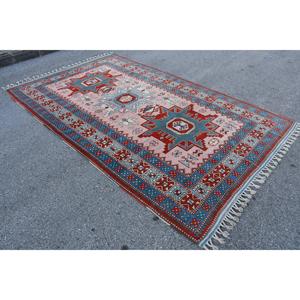 Tapis turc surdimensionné 6,9x11 pieds, tapis en laine rouge bleu à pois vintage - Product Image 3