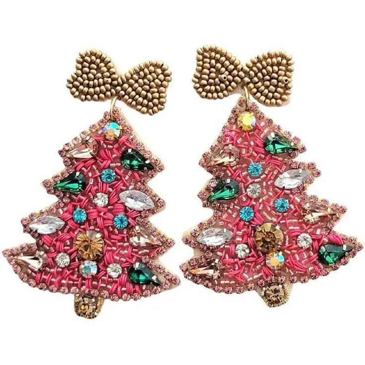 Seasonal joyous seed bead earrings Holiday dazzle seed bead earrings Christmas tree cheer seed bead earrings Festive chic