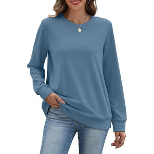 Dusty <b>Blue</b> Crewneck <b>Women's</b> Sweatshirts Trendy Streetwear Long Sleeve Pullover with Front Badge Pockets 100% Cotton - Product Image 1