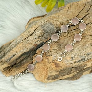 Handmade 92.5 Sterling Silver <b>Bracelet</b> with Natural Rose Quartz <b>Gemstone</b> Fine Beaded Anniversary Gift with Personal Birthstone - Product Image 2