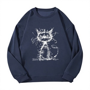 Sweat-shirt unisexe à col rond surdimensionné avec imprimé de chat dessiné à la main, manches régulières, pull en coton tricoté, décontracté pour l'automne - Product Image 1