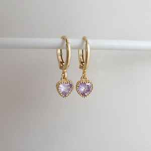 Boucles d'oreilles créoles vintage en argent sterling 925 plaqué or 14 carats avec charme en forme de cœur violet améthyste clair, bijoux de mariage et de fête - Product Image 2