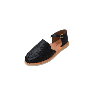 Black woven leather loafers with closed toe, buckle strap and flat sole, casual style. - Product Image 2