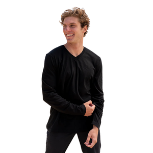 T-shirt à manches longues pour homme en coton biologique 100% de luxe, col en V, pré-rétréci, certifié GOTS, respirant, coupe ajustée - Product Image 3