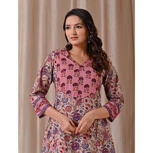 Kurti droit en coton imprimé gris et rose, respirant et décontracté, avec taille naturelle - Product Image 1