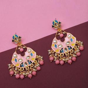 Kriaa <b>Fine</b> Dangle <b>Earrings</b> Pink Meenakari and Beads Kundan Dangler Model 1314217C - Product Image 1