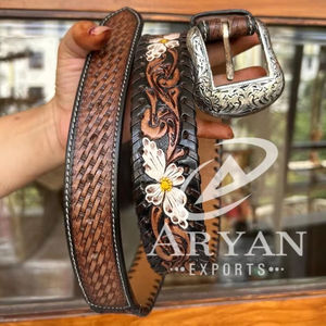 Cinturón occidental de cuero genuino de grano completo personalizado a mano de calidad extrema cinturones de vaquero y vaquero florales blancos personalizados - Product Image 1