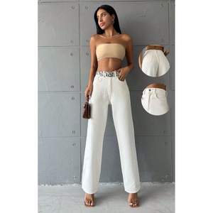 Vintage Funky Trendy Plating Eco-Friendly Cotton Wide Leg Cream Denim <b>Jeans</b> <b>Women</b> High Rise Waist Relaxed Loose Fit Street Style - Product Image 5