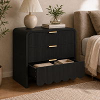 Table de chevet noire à 3 tiroirs cannelés, armoire de rangement en panneaux de particules ondulés pour chambre à coucher et appartement
