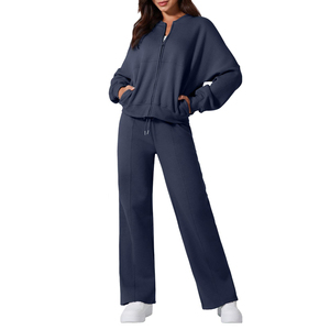 Qualité supérieure 100% coton Style couleur femmes survêtements gris couleur unie plaine surdimensionné fermeture éclair deux pièces survêtement pour dames - Product Image 5