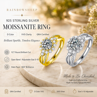 Bague Moissanite Halo Fleur 6,5 mm Couleur D Triple Excellent Cut en Argent Sterling S925, Bande Ouverte Réglable