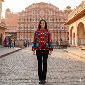 Veste coupe-vent en coton tricoté brodé de fleurs bleues en gros pour femmes, style ethnique suzani fait à la main, hiver - Product Image 4