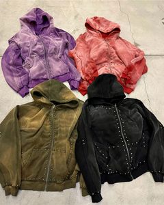 Custom Men's 460gsm Heavyweight Vintage Sun Fade Acid Wash Hoodie Oversized Pullover Distressed Zip Metal Solid Hooded - Product Image 1