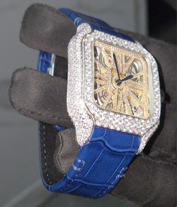 Reloj de Hombre con Incrustaciones de Moissanita Corte VVS, Relojes de Pulsera de Lujo para Hombre, Correa Azul Helada, Correa de Cuero Completa, Estilo Hip Hop - Product Image 2