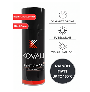 KOVALI 3 en 1 Aérosol Spray Apprêt Émail Protection Anti-Rouille et Anti-Corrosion Métal Bois Béton Noir Mat Graphite RAL 9011 520ml - Product Image 1
