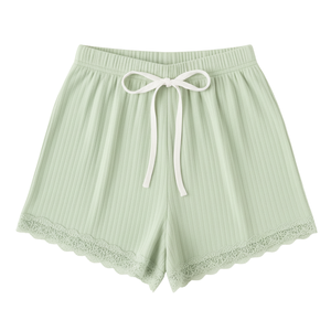 Ribbed Knit <b>Lace</b> Trim High <b>Elastic</b> Waist Quick Dry Breathable Drawstring Lounge Shorts Women Wholesale Apparel Factory - Product Image 1