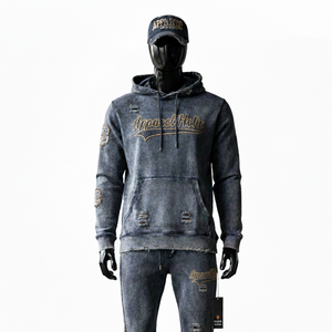 Conjuntos de Chándales Desgastados de 400 Gsm, Conjuntos Deportivos Vintage Personalizados, Conjuntos Deportivos con Lavado Ácido, Pantalones Deportivos y Sudadera con Capucha para Hombre - Product Image 1