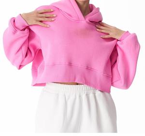 Top corto de gran tamaño con mangas de globo y hombros caídos y capucha de Color sólido de alta calidad personalizado para mujer, Jersey de algodón para invierno y otoño - Product Image 5