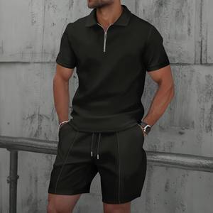 2025 hombres Europa y los Estados Unidos nuevo verano Waffle color sólido cremallera solapa manga corta traje pantalones cortos dos conjuntos - Product Image 5