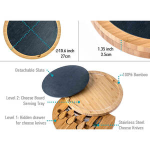 Tabla de Charcutería Redonda de Bambú Ecológica sin Astillas con Juego de Cuchillos Giratorios y Pizarra Extraíble para Cortar Queso y Bloques de Corte - Product Image 4