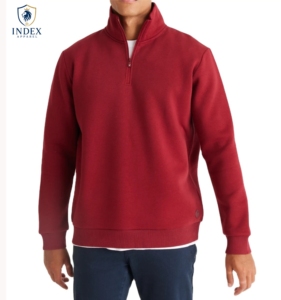 เสื้อสเวตเชิ้ตผู้ชายแบบซิป ¼ ตัว ยี่ห้อ Index Apparel สีแดงล้วน ทรงปกติ สวมใส่สบาย เหมาะสำหรับฤดูใบไม้ร่วง คอตั้ง ระบายอากาศได้ดี ผลิตจากผ้าถัก - Product Image 1