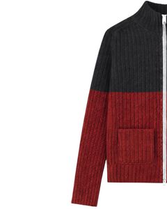 <b>Women</b> Two Tone Ribbed Knit Zip Up <b>Cardigan</b> Sweater High Neck Long Sleeve Soft Cotton Winter Warm Casual Knitwear Black <b>Red</b> Color - Product Image 2