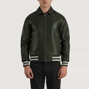 Walton Casual Green Leather Varsity <b>Jacket</b> with <b>Sheepskin</b> Cowhide Hoodie Collar Zippered ODM Supplied for Autumn Season XS Size - Product Image 1