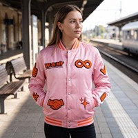 Blouson Bomber en Satin Personnalisé pour Homme, Rose Pâle Orange, avec Patch Brodé en Chenille et Logo Personnalisé OEM