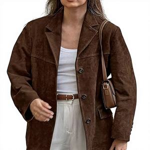 Manteau Rétro Femme en Daim et Toile, Double Boutonnage, Col Tailleur, Manches Longues, Style Sportif Décontracté, Coupe Classique, Coupe-Vent d'Automne - Product Image 1