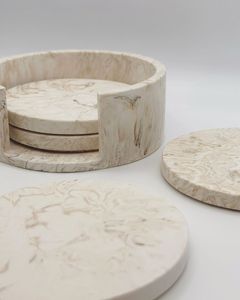 Handmade Round <b>White</b> Marble Premium Stone Drink <b>Coaster</b> Set with Carved Engraved Design for Wedding Home Decor - Product Image 3