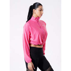 Chaqueta corta rosa tejida para mujer, estilo racer, con cremallera, cortavientos, de poliéster, cuello alto, transpirable, con cremallera y logo. - Product Image 2