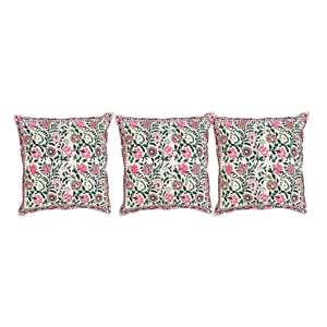 Indian Blossom <b>Pillow</b> Set of 3 Vibrant Pink & Green Floral Digital Print Cotton Cushion Cover Square <b>Shape</b> for Home Use - Product Image 2