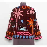 Chaqueta de Terciopelo con Bordado Suzani para Mujer, Diseño Floral, Tejido Transpirable para Otoño, Invierno y Primavera, Decoración con Logotipo